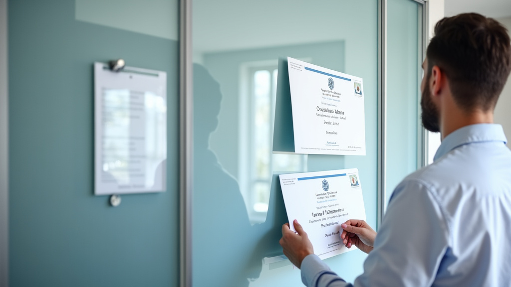 Hypnothérapeute montrant ses diplômes et certifications dans son cabinet professionnel