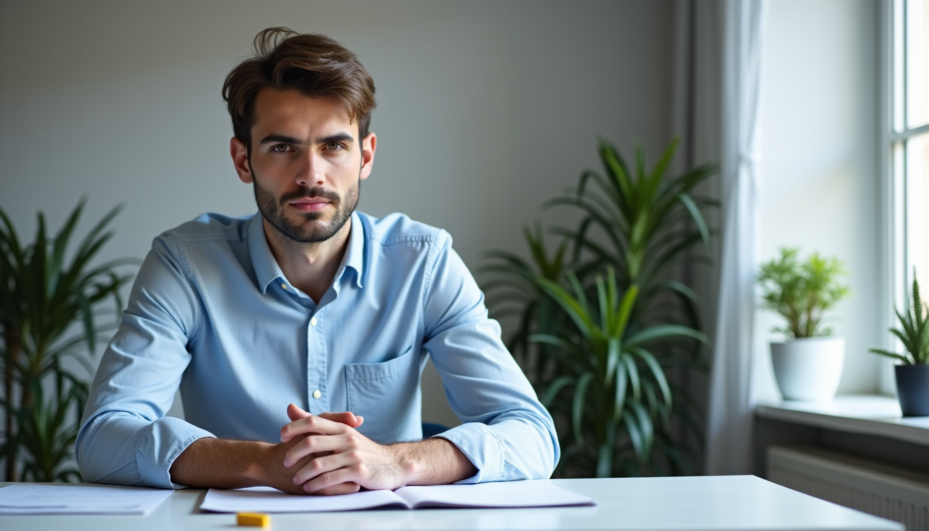 Adulte souffrant de fatigue mentale liée au TDAH, assis à son bureau avec un regard las, illustrant le brouillard cérébral