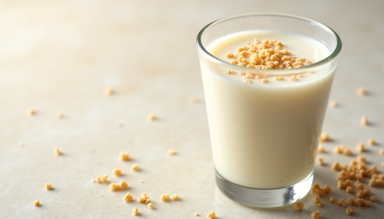 Bocal en verre contenant du lait fermenté en cours de transformation, avec des grains de kéfir flottant à la surface, lumière douce et aspect naturel