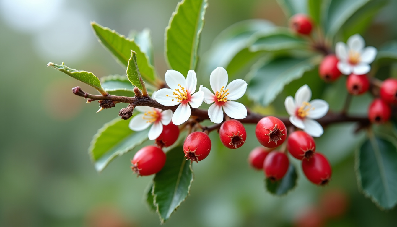 Fleurs et fruits d’aubépine sur une branche, montrant les petites baies rouges et les fleurs blanches caractéristiques