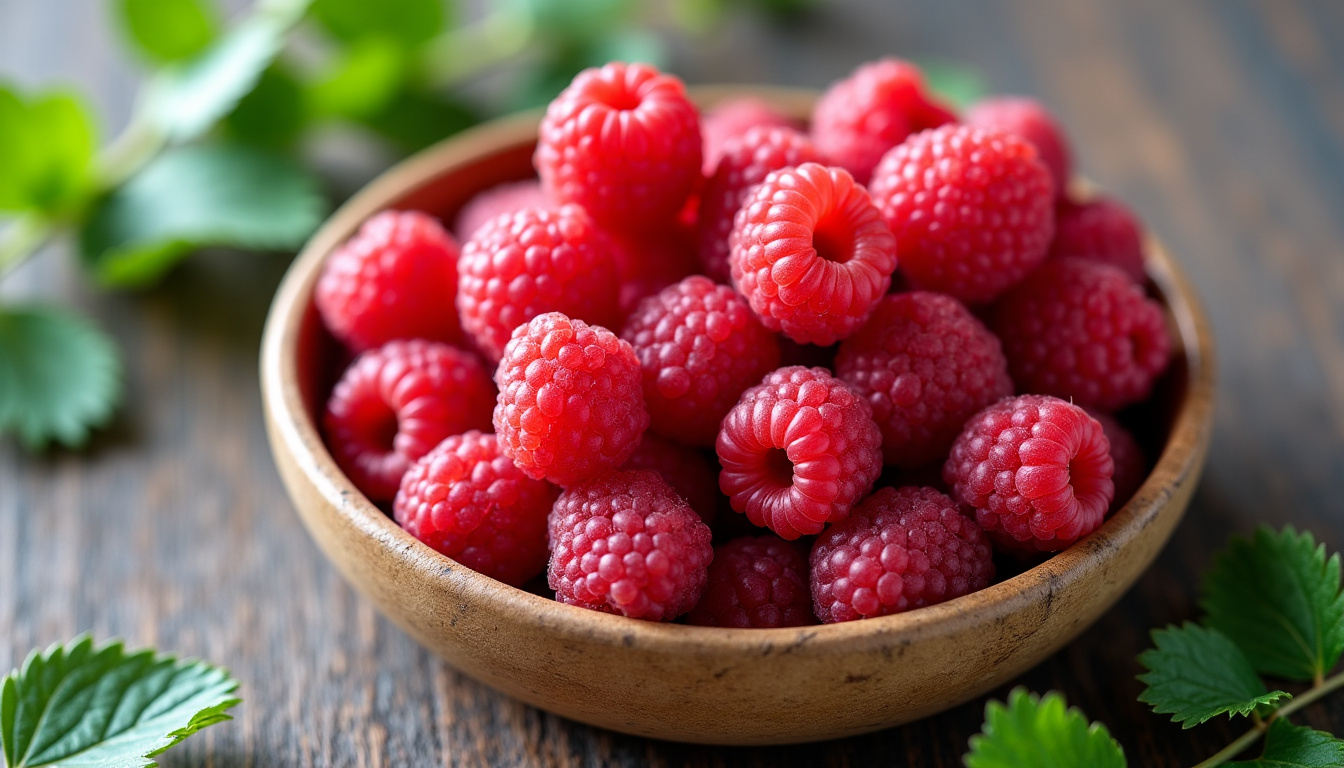 Framboises fraîches disposées dans un panier en osier, entourées de feuilles de framboisier