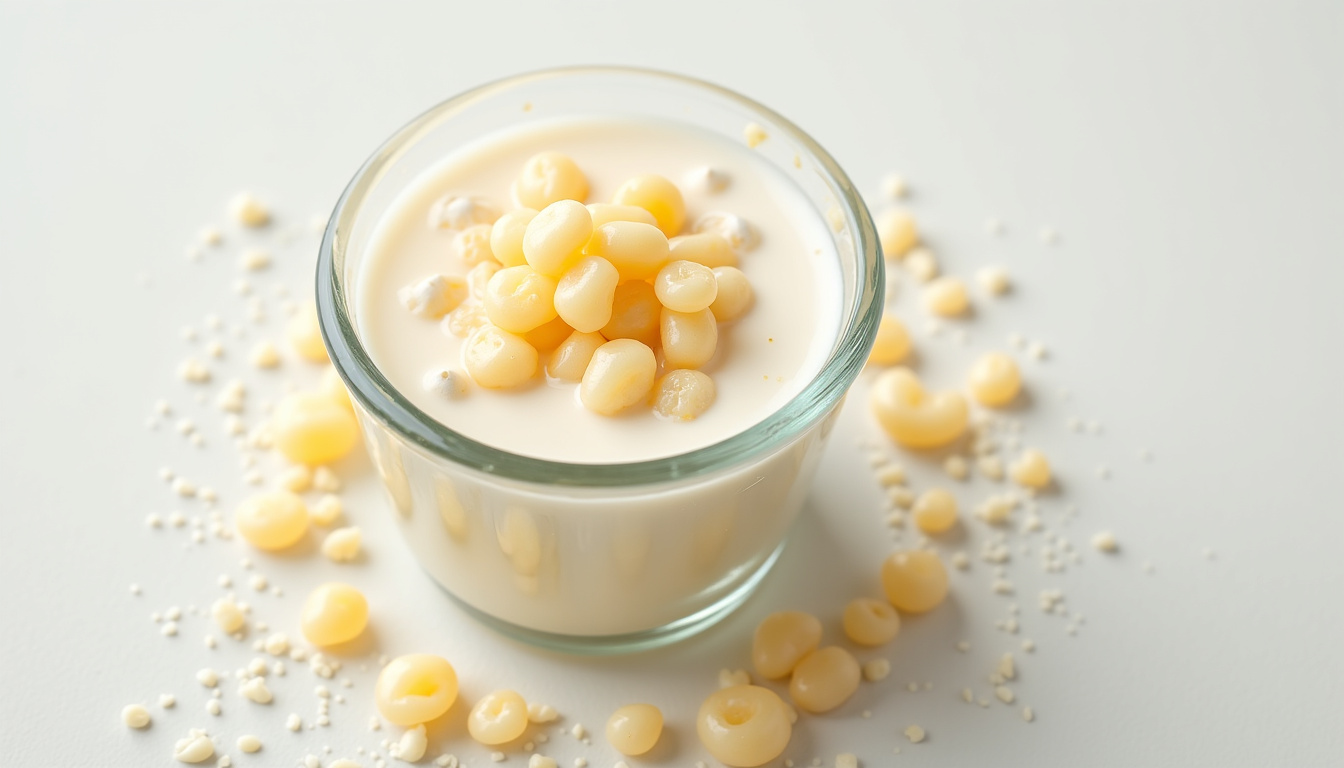 Grains de kéfir de lait dans un bocal de verre, de couleur blanche et de texture gélatineuse, entourés de liquide laiteux
