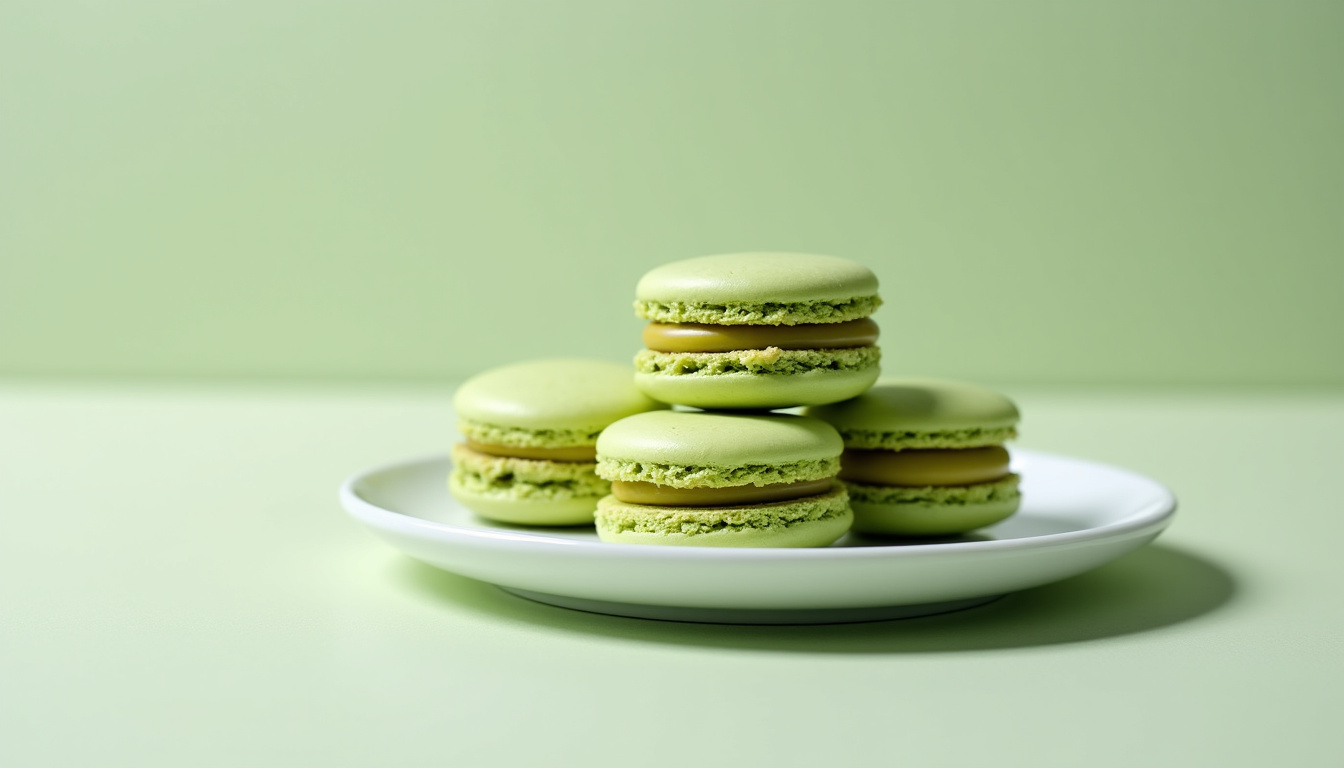 Macarons à la pistache posés sur une assiette en porcelaine, montrant leur couleur verte naturelle et leur aspect lisse