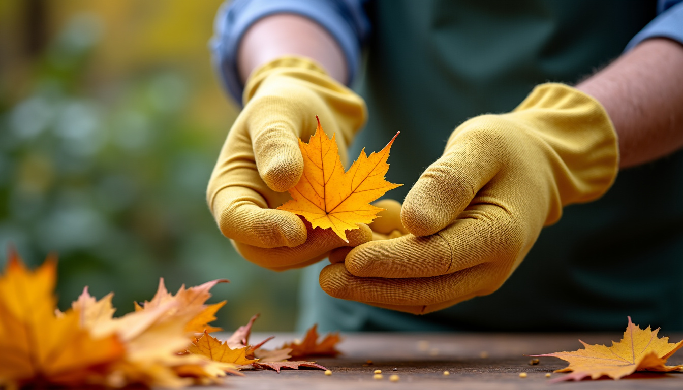 Main cueillant des feuilles de verveine avec des gants, en respectant les règles de récolte responsable