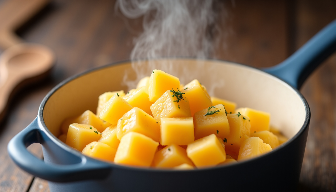 Patate douce en train de cuire à la vapeur dans un panier en bambou au-dessus d