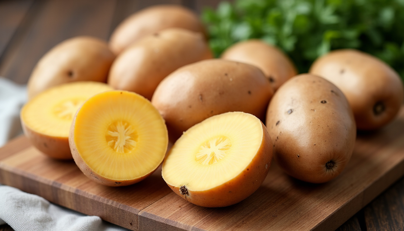 Patates douces entières avec leur peau brune, posées sur une planche en bois, prêtes à être conservées