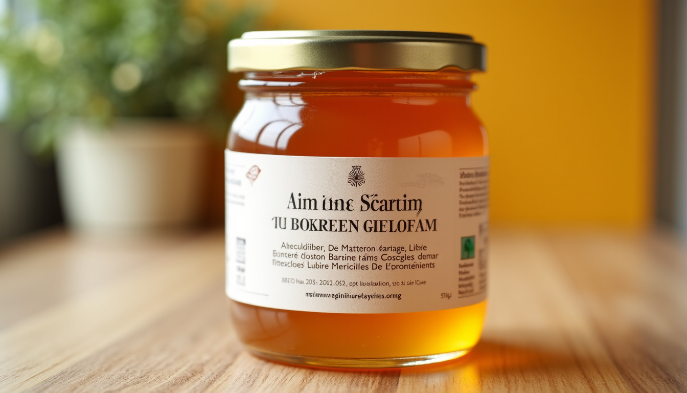 Photographie d’un pot de miel artisanal avec une étiquette détaillée indiquant l’origine, l’apiculteur et les caractéristiques