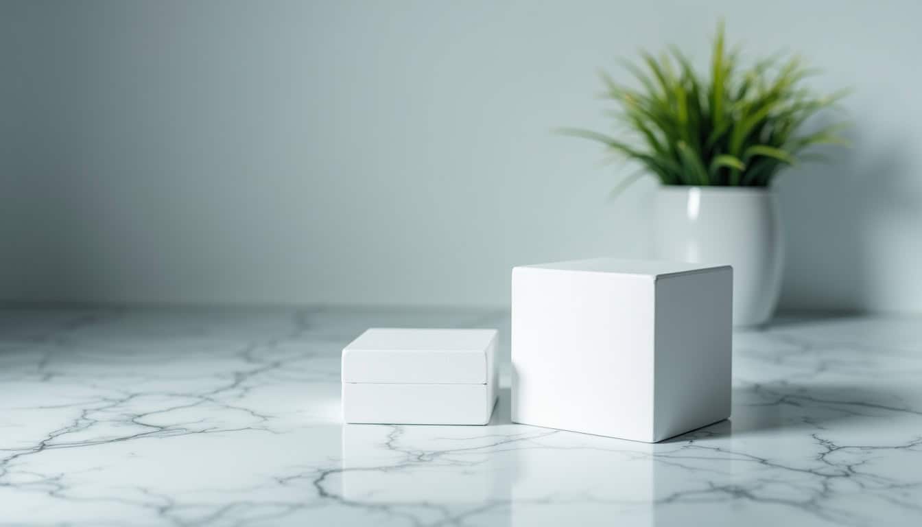 Panneau de livraison écologique, emballages blancs minimalistes, décor intérieur moderne.