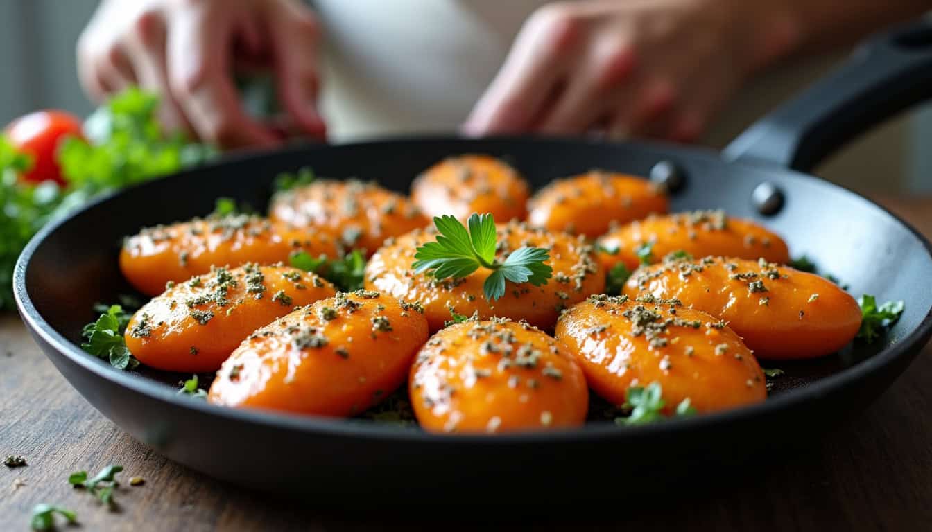 Alt text : Poivrons orange farcis avec fromage, herbes et assaisonnements dans une poêle noire.