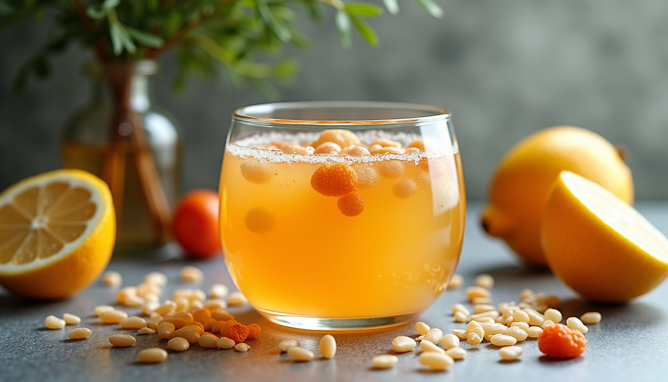 Préparation du kéfir de fruits dans un bocal en verre avec grains translucides, eau, citron et figue, lumière naturelle et ambiance artisanale