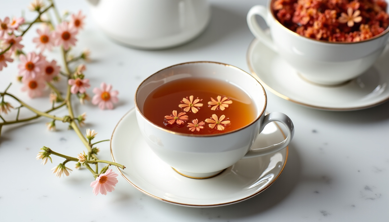 Préparation d’une tisane d’aubépine avec des fleurs séchées dans une théière en porcelaine