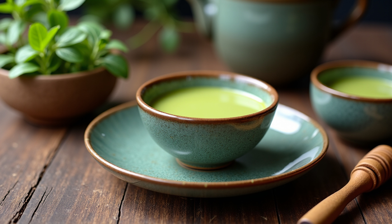 Préparation traditionnelle du matcha avec un chasen et un bol en céramique