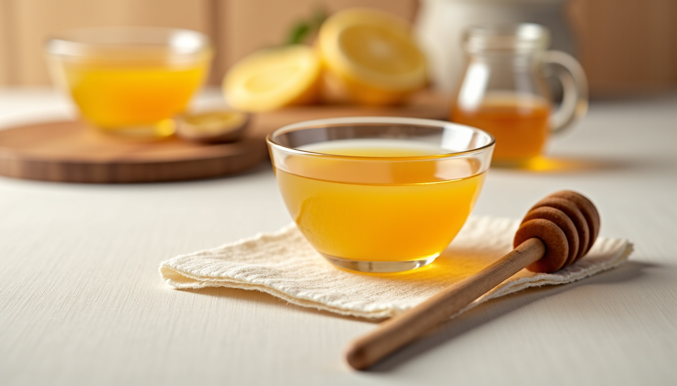 Présentation d’un petit-déjeuner sain avec un bol de yaourt nature et une cuillère de miel doré