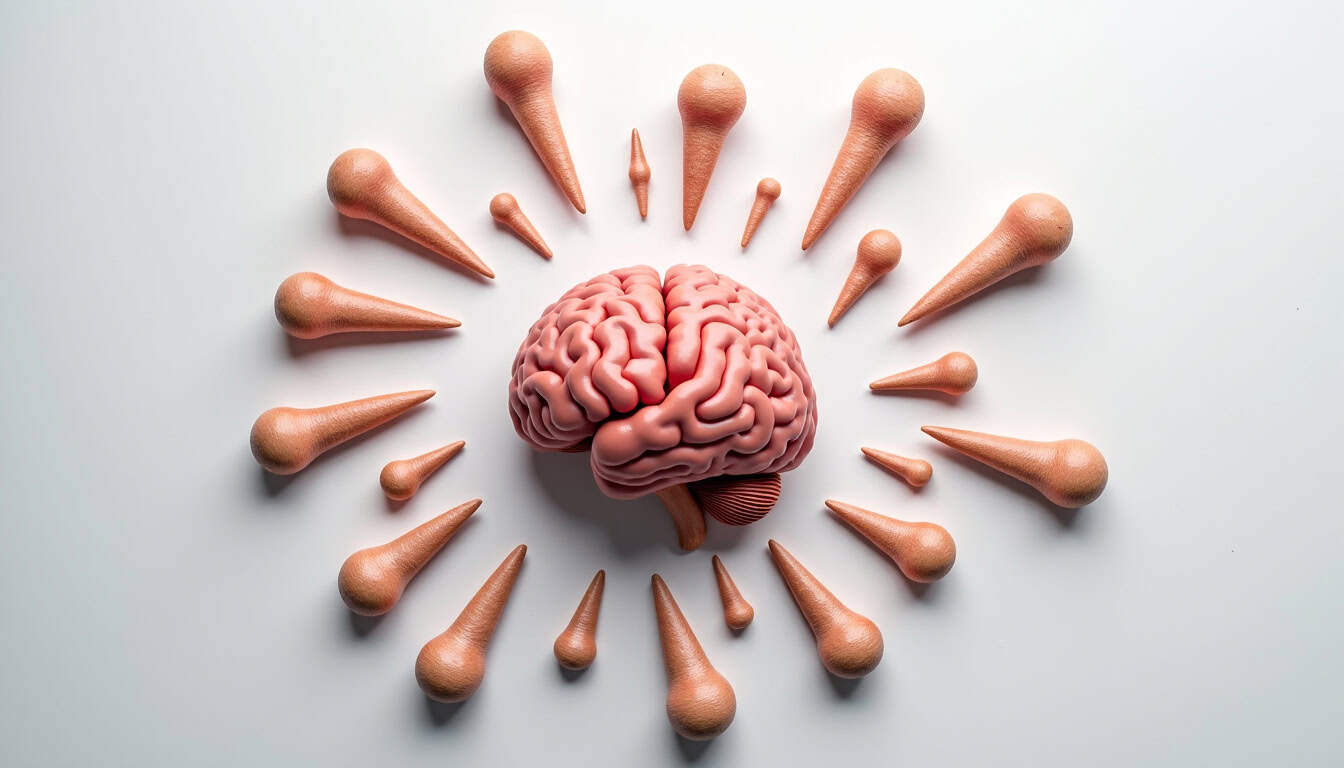 Ampoules en plastique entourant un cerveau, symbolisant la santé mentale et la conscience.