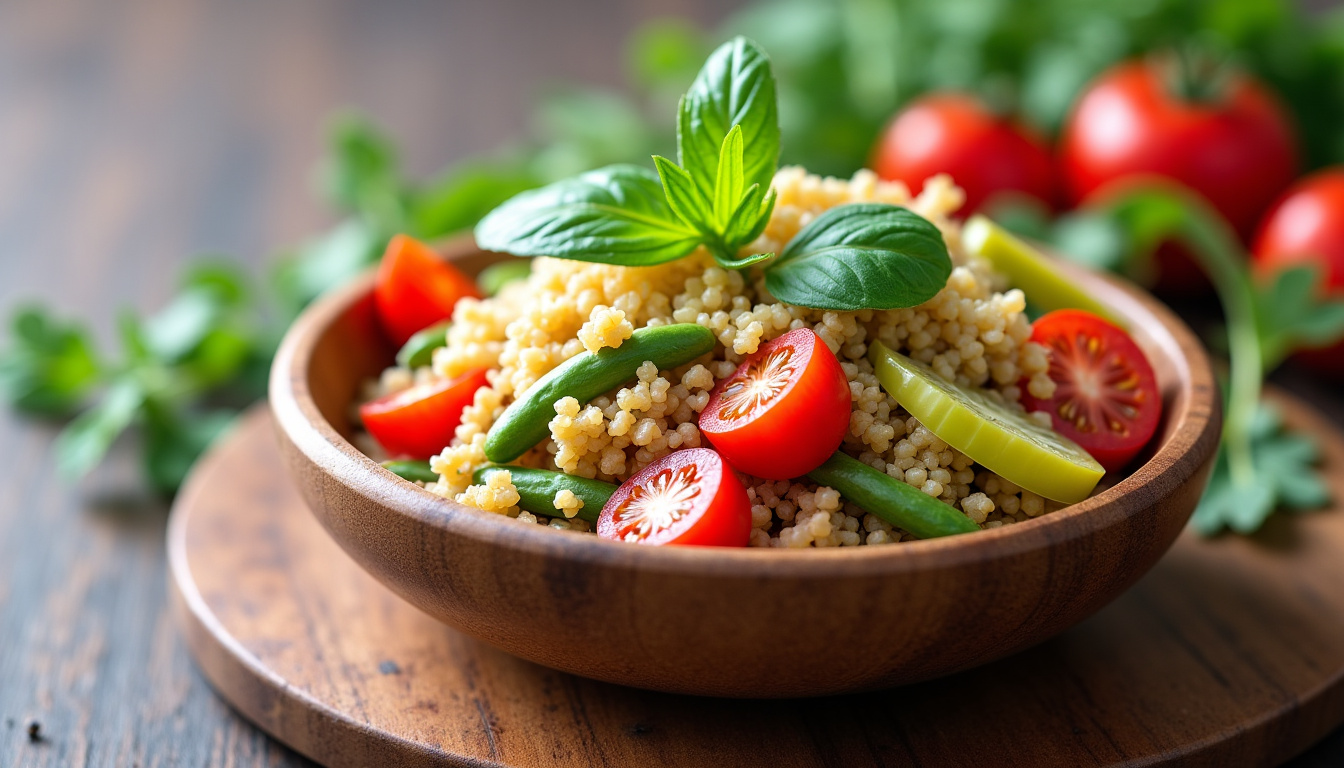 Salade composée de légumes frais, de quinoa et de pistaches hachées, servie dans un bol en bois