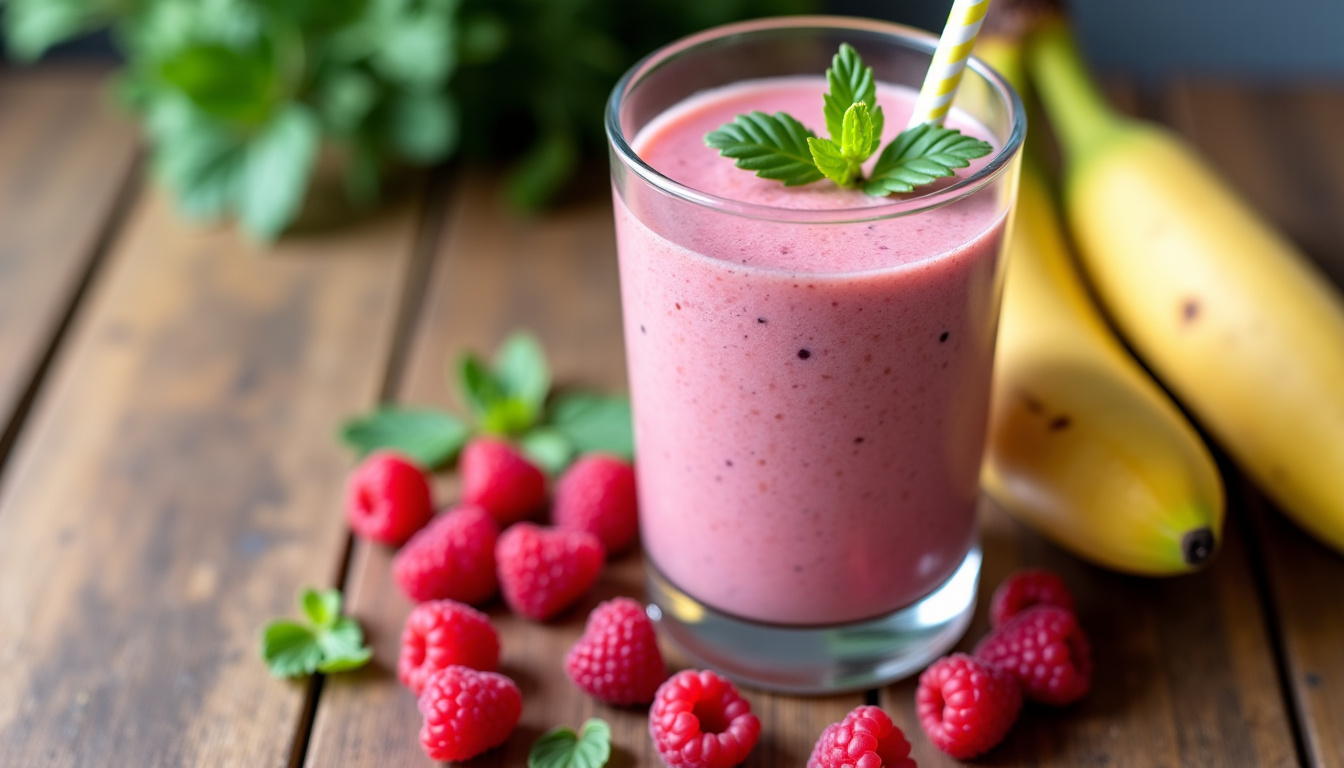 Verre contenant un smoothie à base de framboises, banane et lait végétal, posé sur une table en bois
