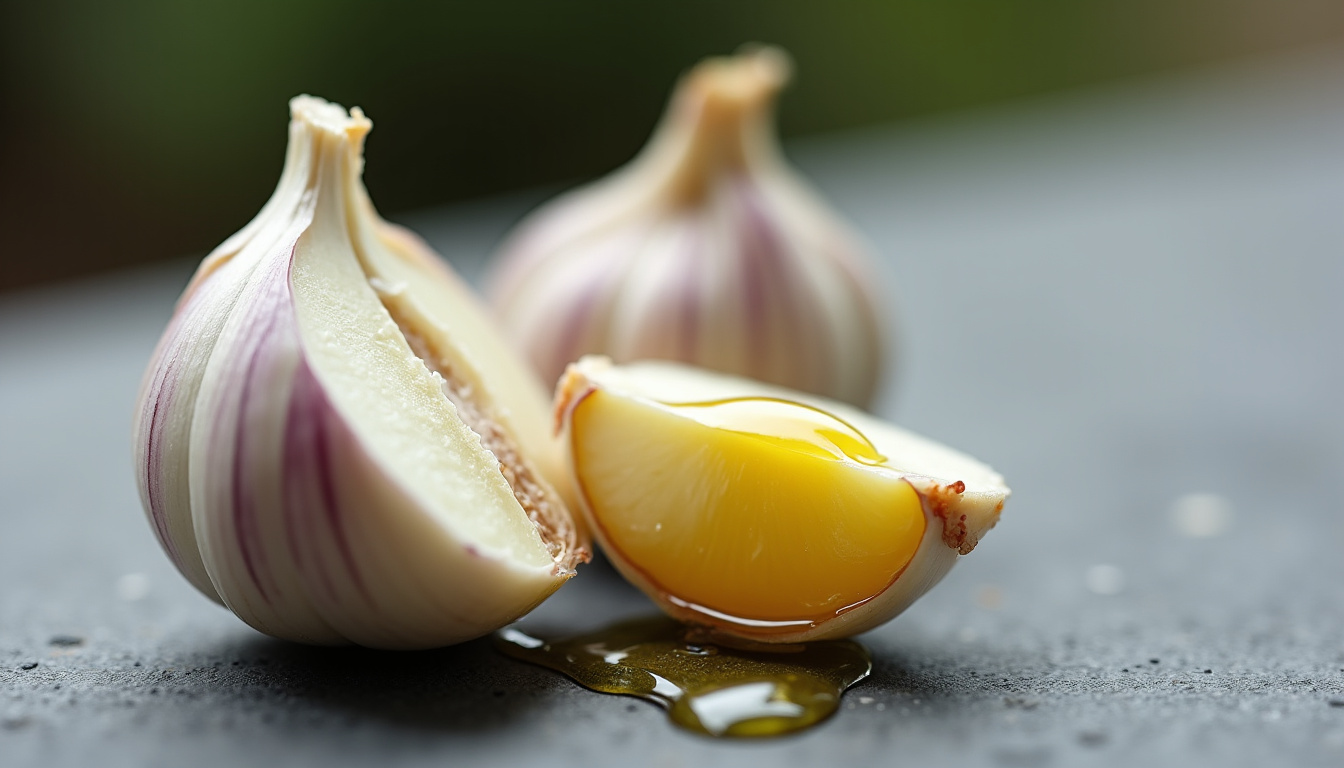 Analyse nutritionnelle d’une gousse d’ail frais coupée en deux
