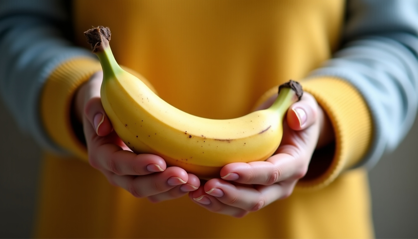 Banane mûre tenue dans la main, montrant sa peau jaune et sa pulpe crémeuse prête à être consommée