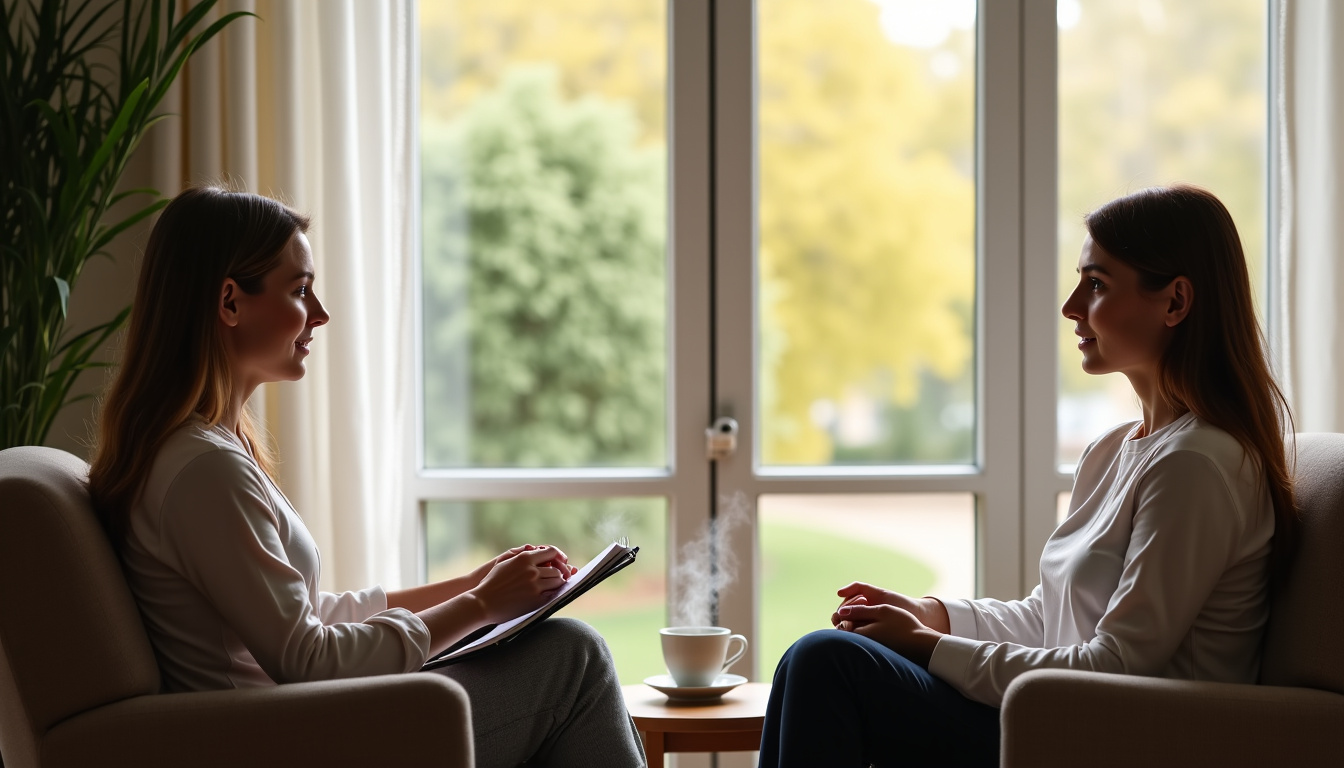 Consultation entre un thérapeute et une patiente discutant de l