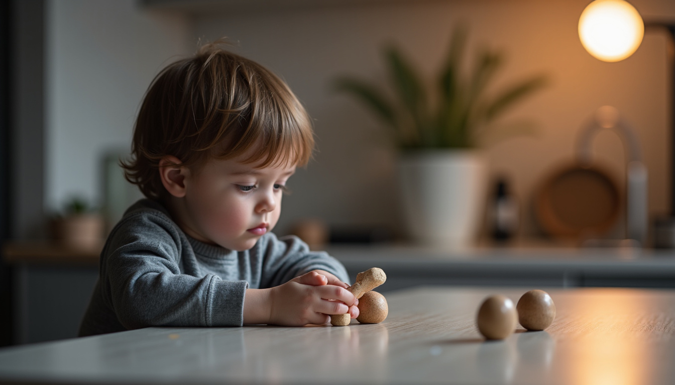 Enfant autiste jouant seul avec des objets alignés sur une table