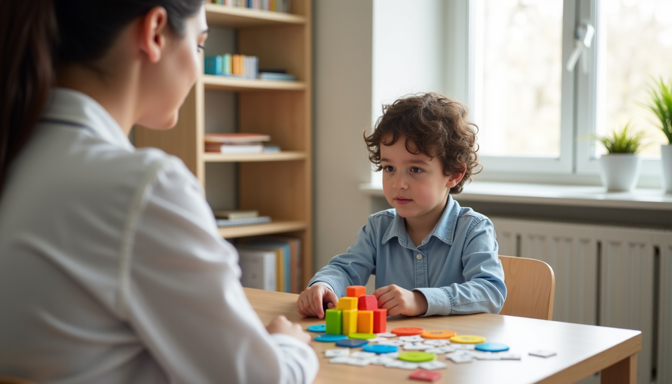 Enfant passant un test de quotient intellectuel avec un psychologue dans un cabinet
