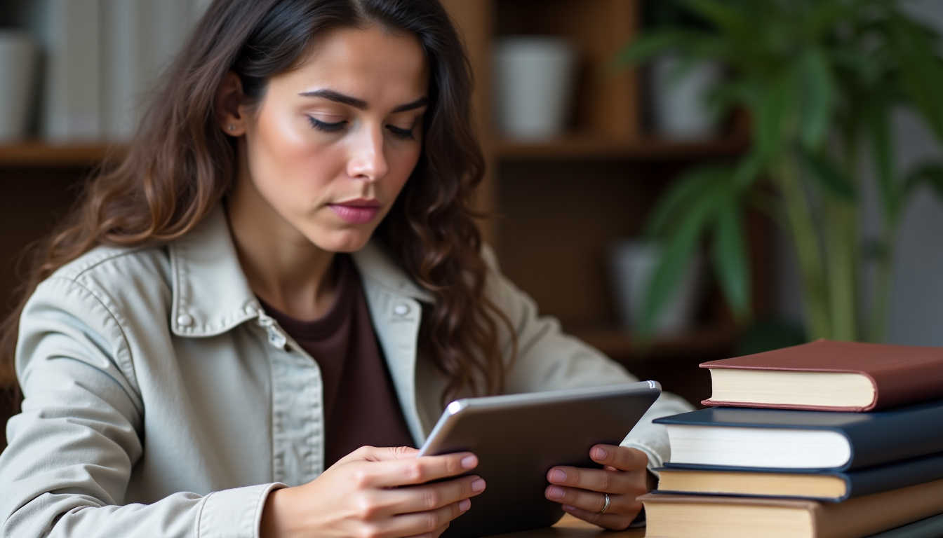 Femme réfléchissant devant une tablette de chocolat noir et des livres, illustrant l