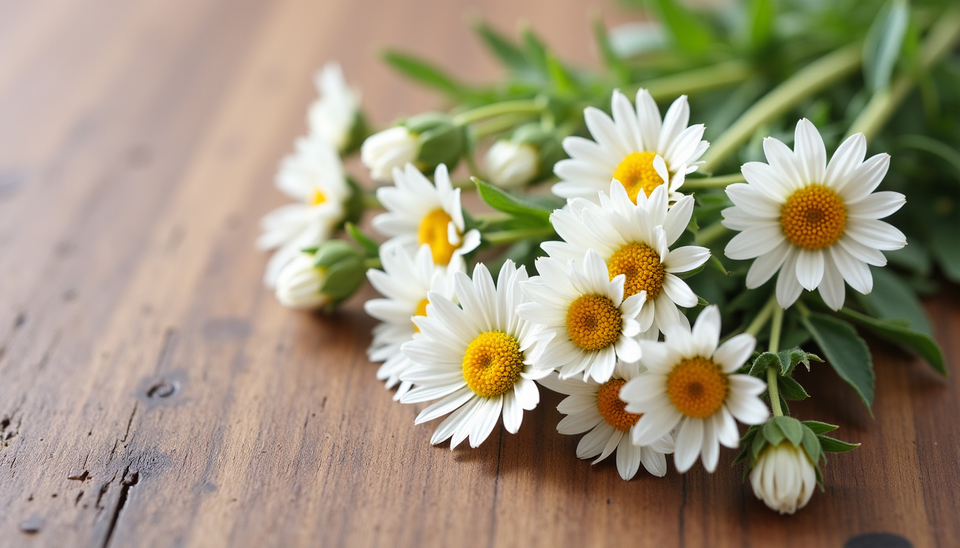 Fleurs de camomille séchées étalées sur une surface en bois