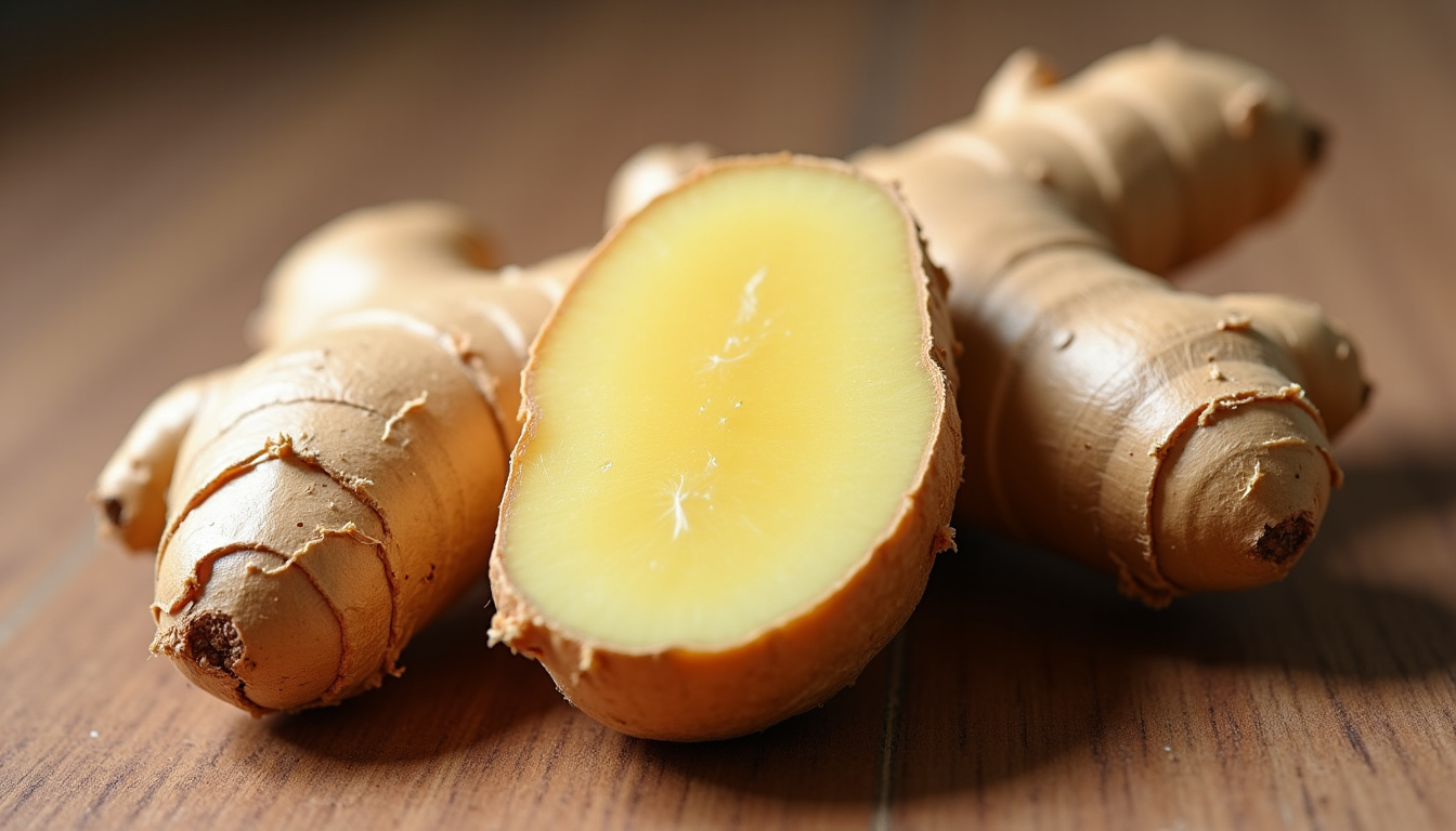 Gingembre frais entier avec peau brune et chair jaune clair, posé sur une surface en bois naturelle