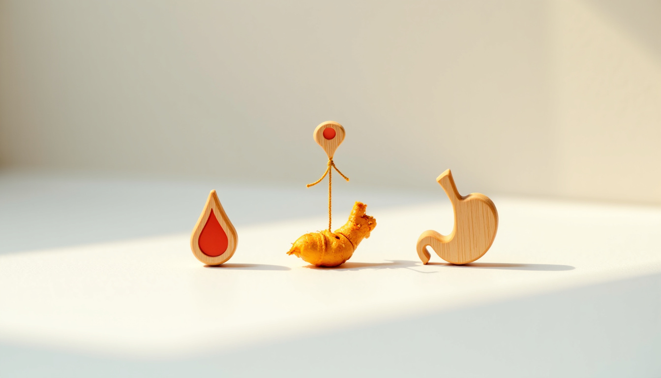 Illustration schématique montrant des interactions entre le curcuma et des médicaments comme les anticoagulants, les antiacides et les hypoglycémiants