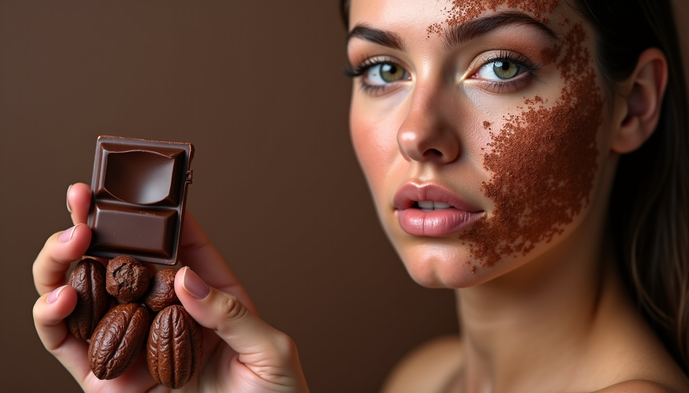 Peau éclatante et hydratée illustrée par des effets du chocolat noir, avec des extraits de cacao en arrière-plan