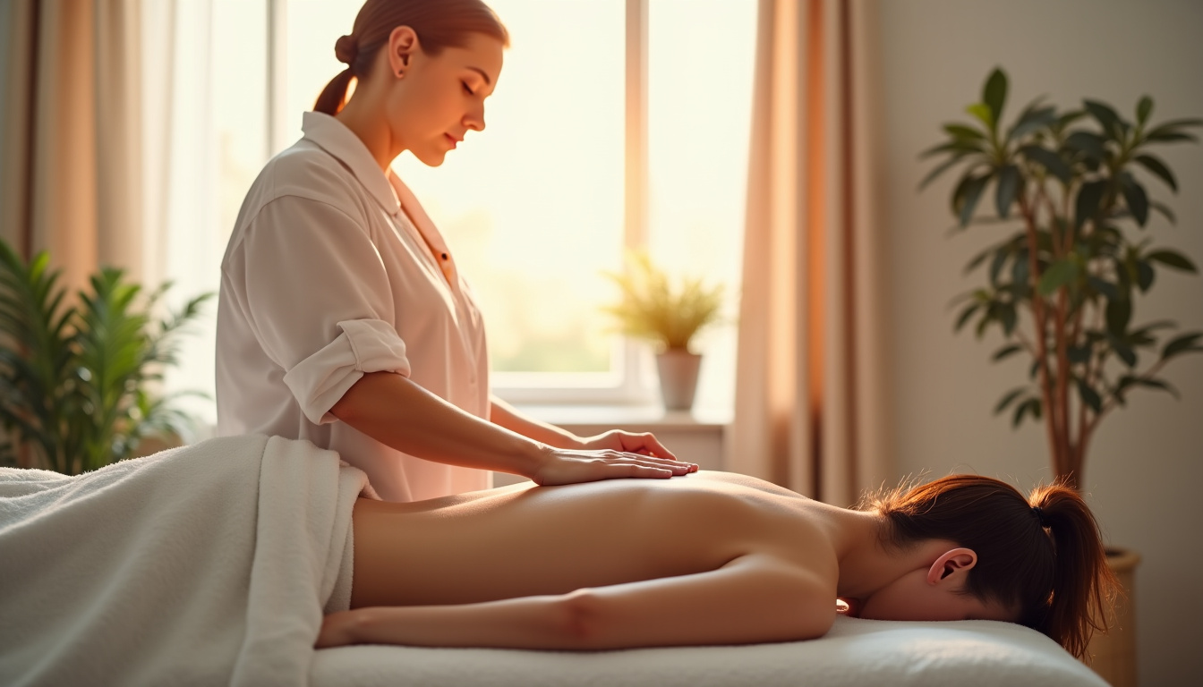 Praticien magnétiseur en train d’imposer ses mains sur le dos d’un patient allongé