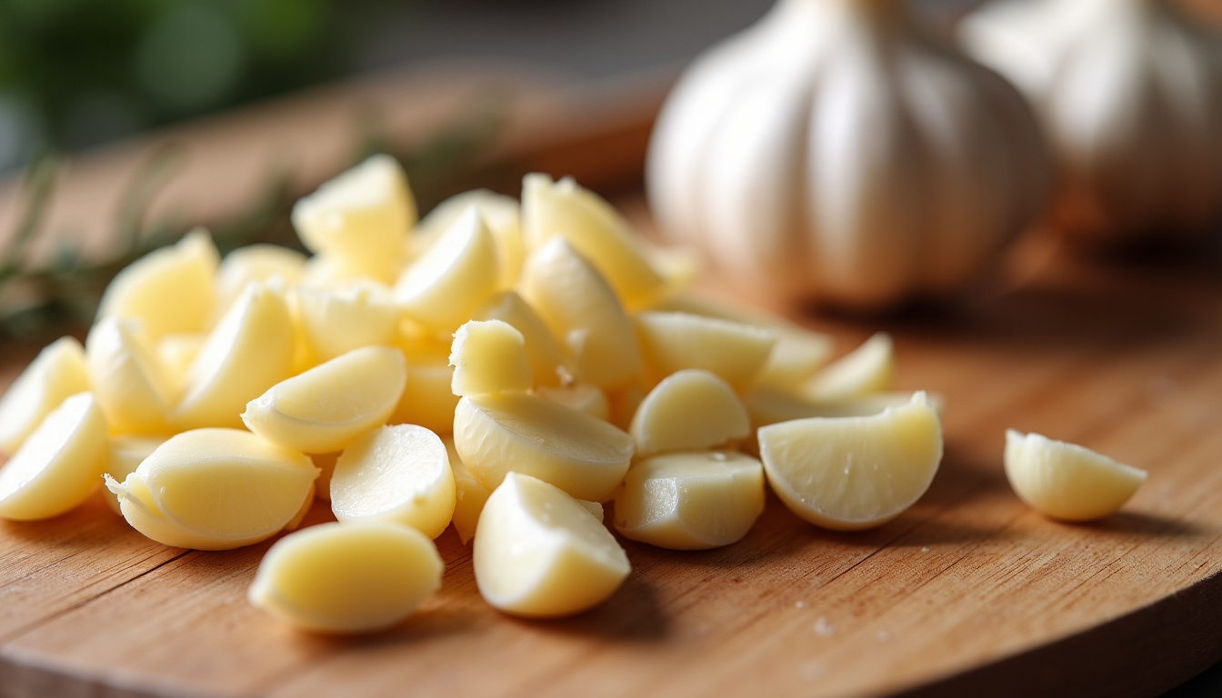 Préparation d’ail cru haché sur une planche à découper