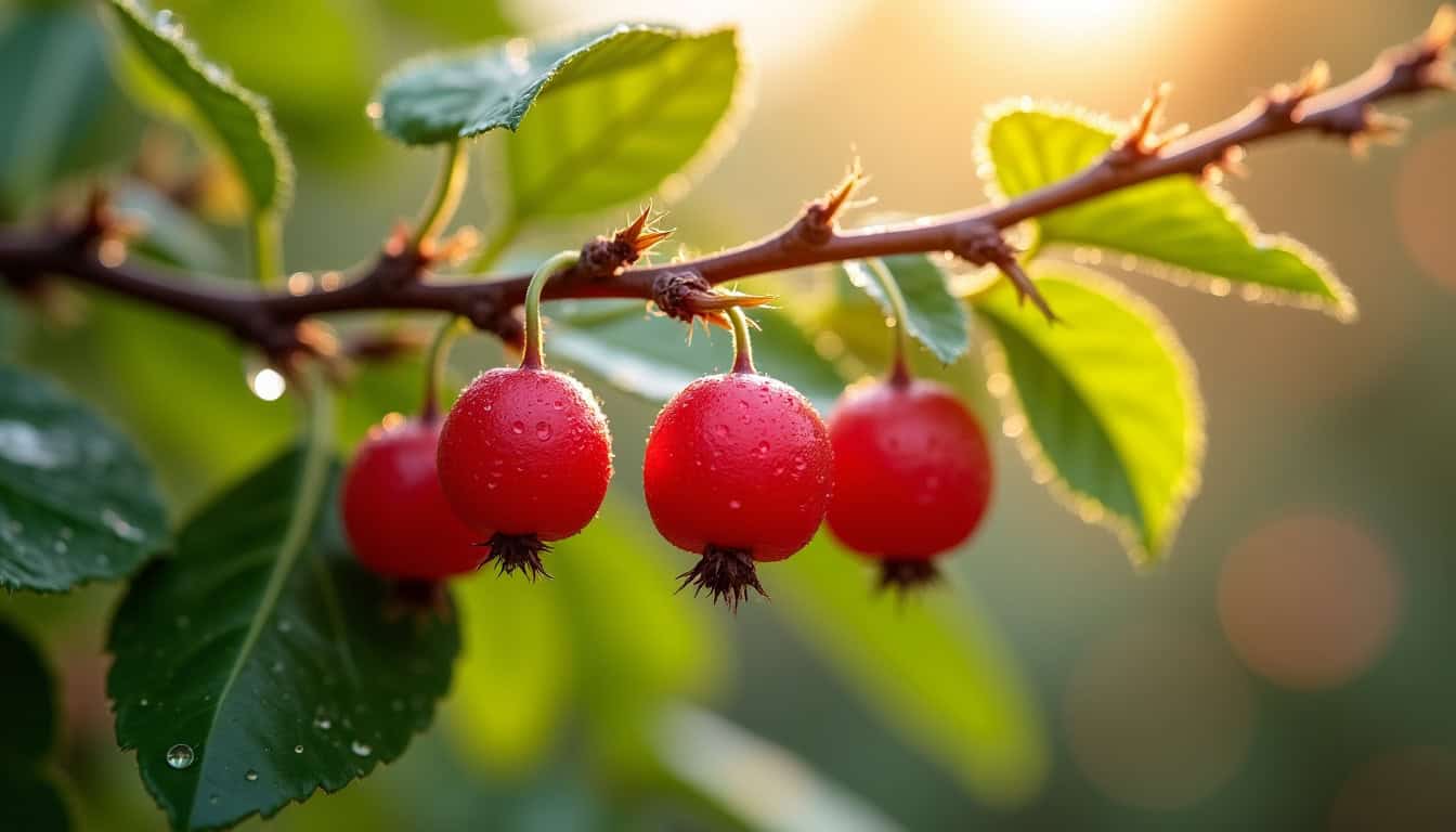 Baies rouges d’aubépine fraîches sur une branche épineuse, en arrière-plan flou de feuillage vert