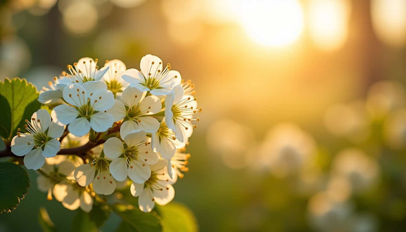 Champ d’aubépine en fleurs, vue rapprochée des inflorescences blanches sous la lumière du soleil