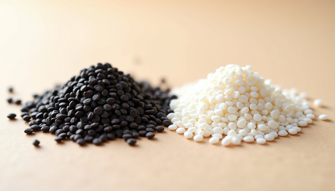 Comparaison côte à côte de graines de chia noires et blanches sur un fond neutre