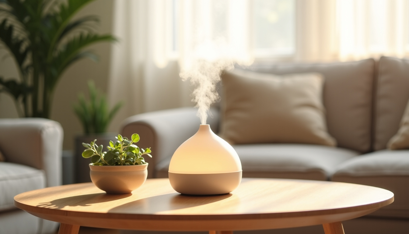 Diffuseur d’huiles essentielles contenant de l’eucalyptus radié dans un salon