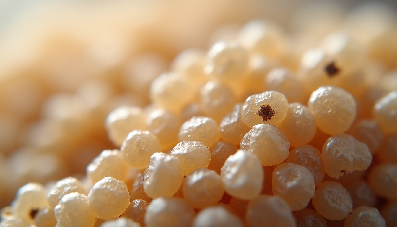 Graines de chia observées au microscope montrant leur structure riche en fibres