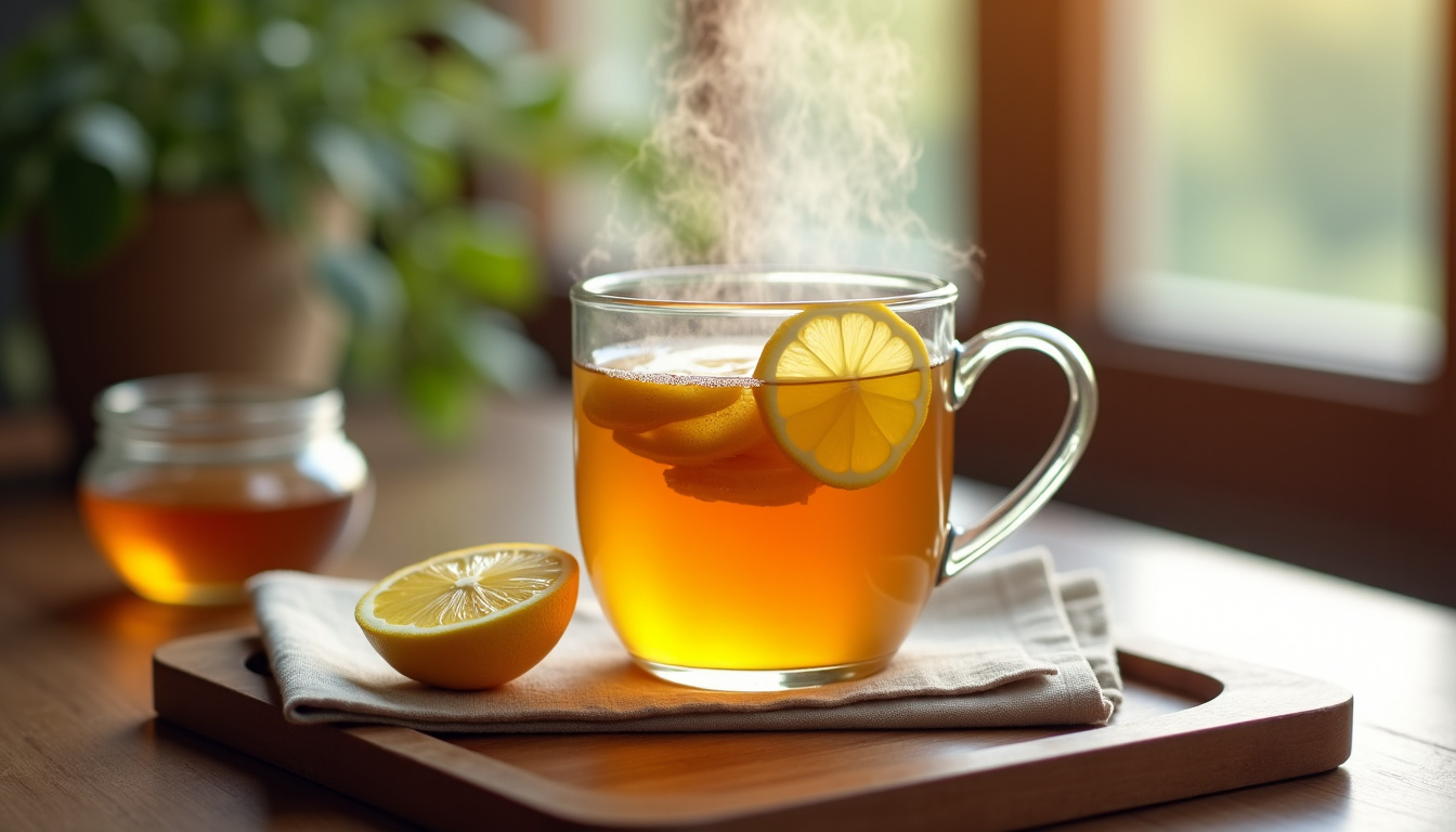 Infusion de gingembre et citron servie dans une tasse avec rondelles visibles