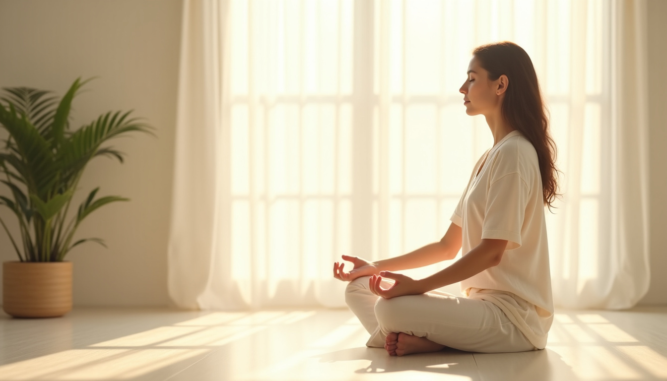 Personne pratiquant des exercices de respiration et de méditation dans un espace calme