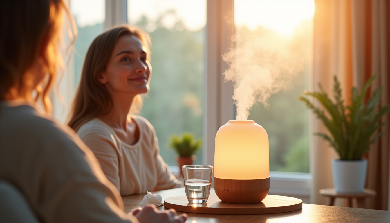 Personne utilisant un diffuseur d’huile essentielle d’eucalyptus radié pour soulager les voies respiratoires