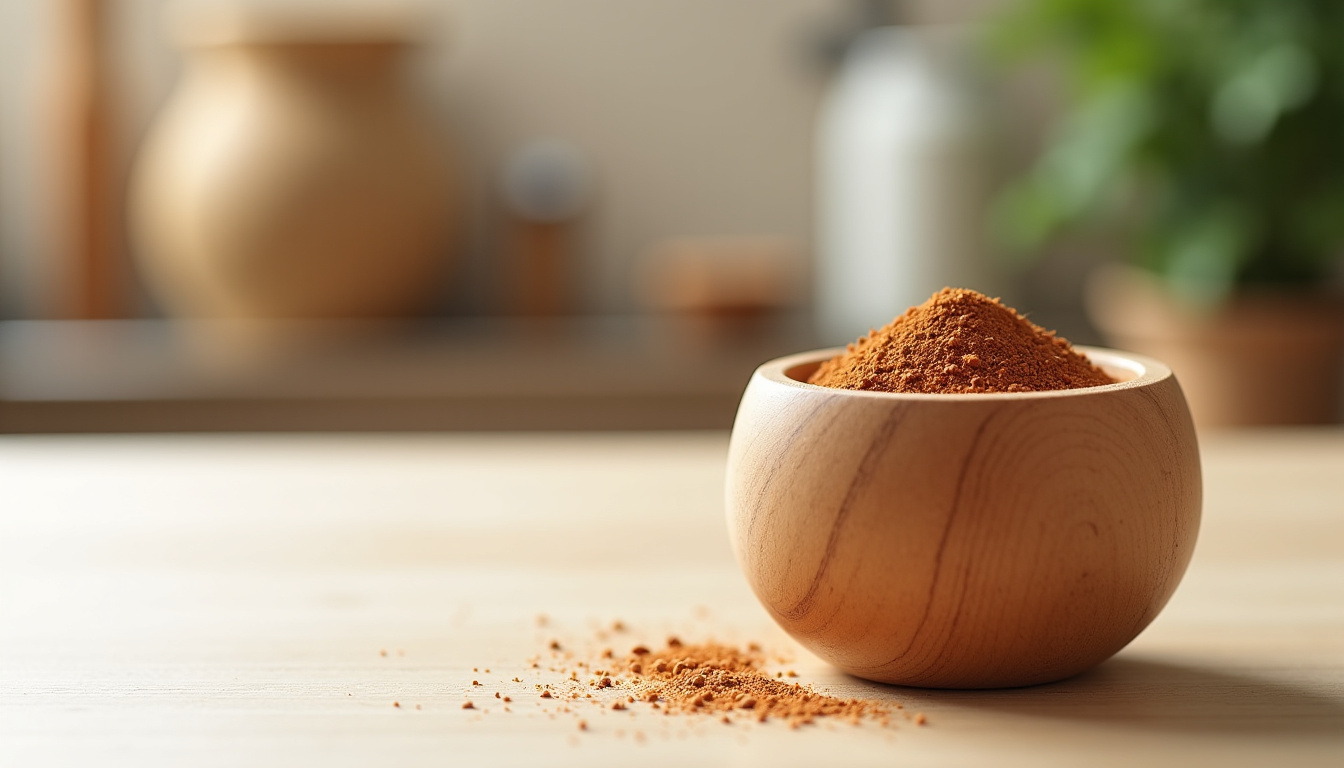 Petit moulin à épices rempli de poudre de cannelle brune claire sur fond neutre