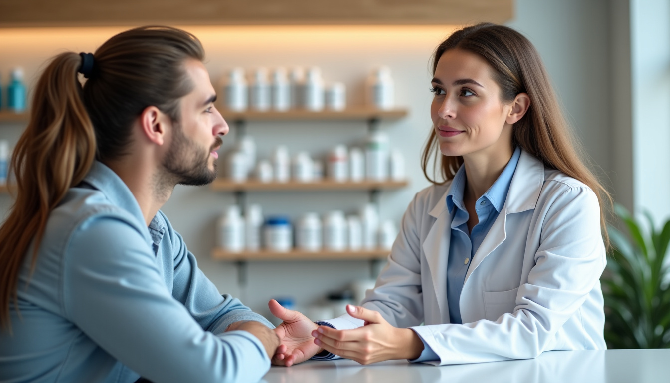 Pharmacien expliquant les contre-indications de la sertraline à un patient