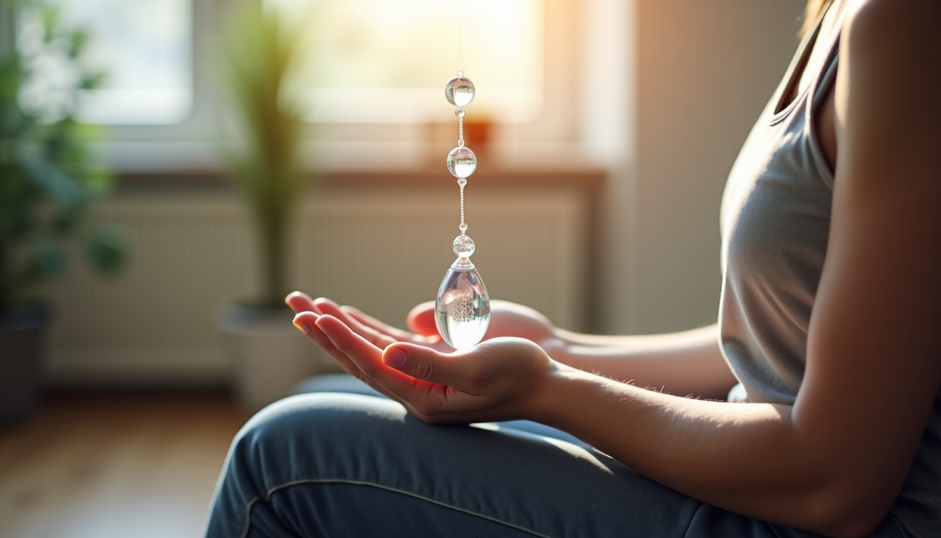 Photographie montrant une personne utilisant correctement un pendule, main stabilisée, position assise confortable, avec explication des mouvements de base (oui, non, peut-être)