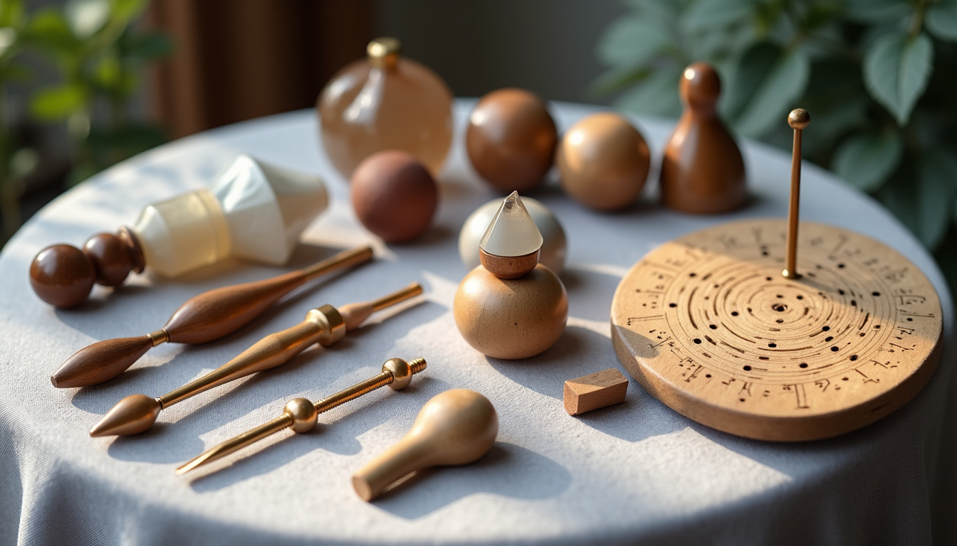 Photographie présentant différents outils de radiesthésie: pendules en divers matériaux, baguettes de sourcier en cuivre et laiton, antenne de Lecher et planches de radiesthésie