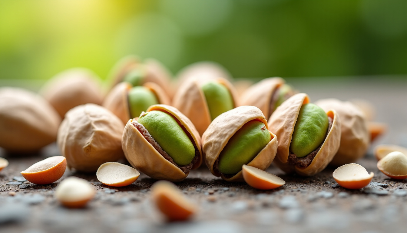 Pistaches fraîches et naturelles avec leur coque ouverte, montrant la couleur verte intense de la graine