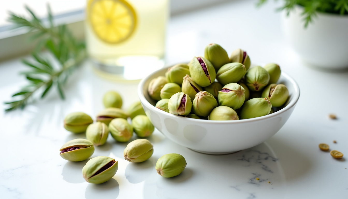 Pistaches fraîches présentées à côté d