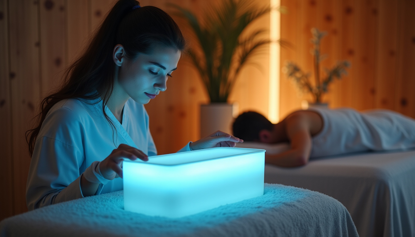 Praticien utilisant un panneau lumineux pour la chromothérapie en cabinet