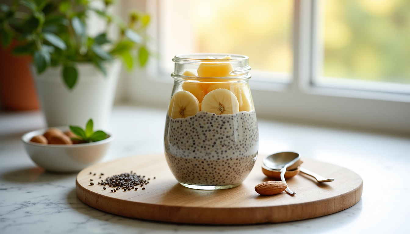 Préparation étape par étape d’un chia pudding dans un bocal en verre
