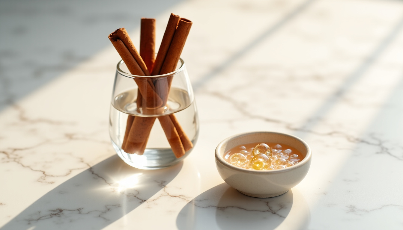 Quelques bâtonnets de cannelle entiers posés dans un verre transparent à côté d