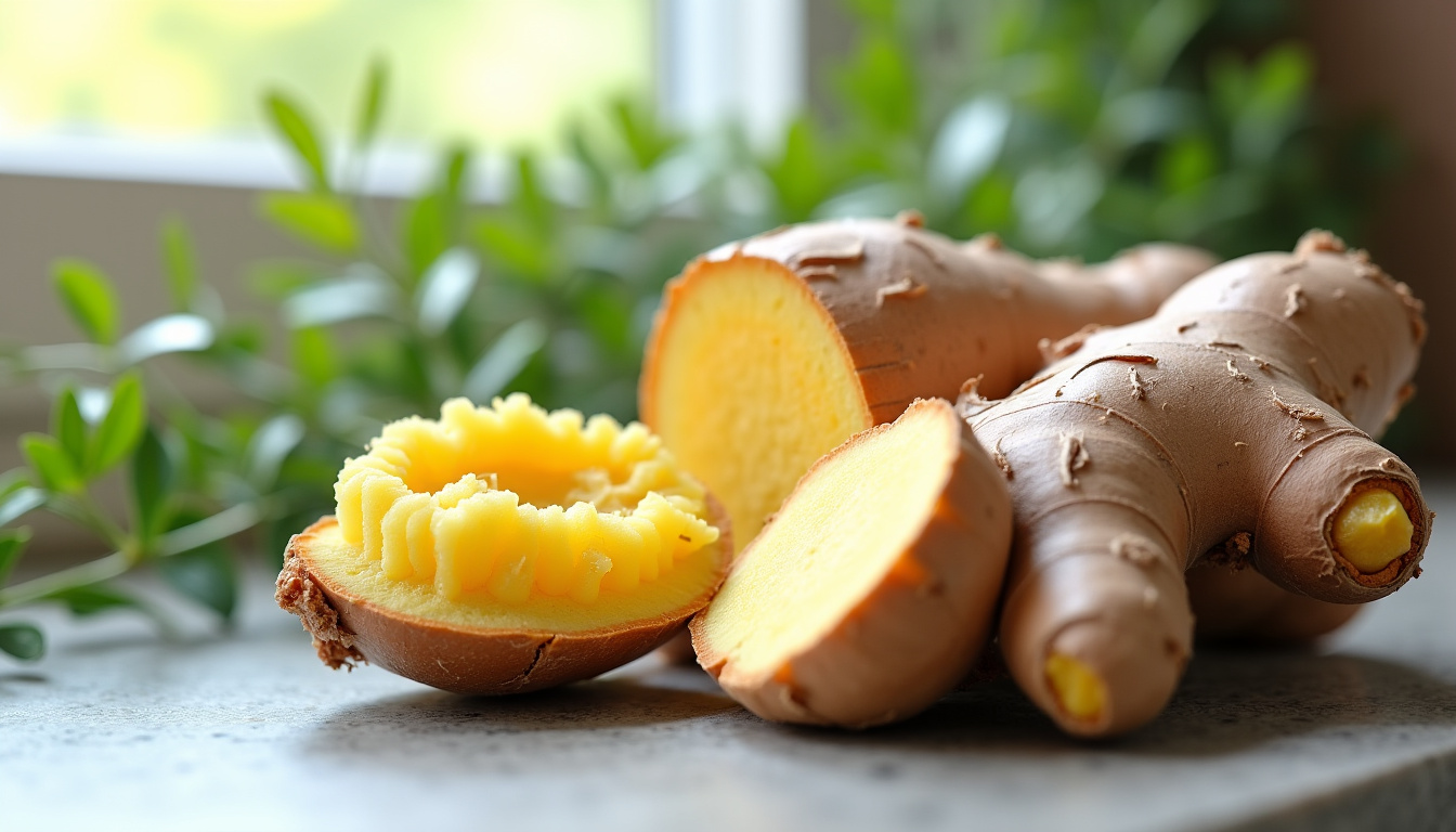 Racine de gingembre frais avec peau brune et intérieur clair, posée sur un plan de travail de cuisine